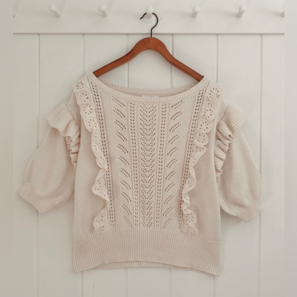 Lauren Conrad Eyelet Lace Knit Ruffles Crochet Short Sleeve Sweater Neutral XXL - Picture 1 of 13